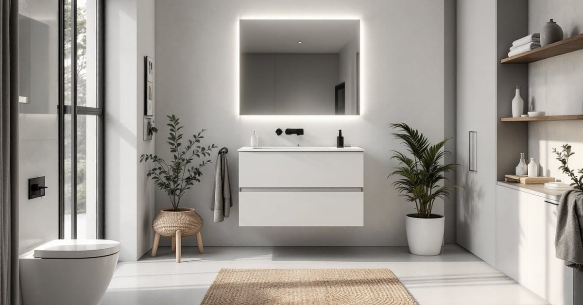 Meubles salle de bain modernes élégants dans une salle de bain lumineuse et bien aménagée