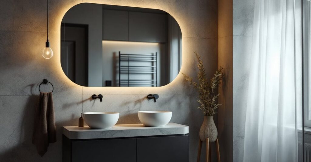 Miroir pour salle de bain moderne fixé au mur dans une salle de bain lumineuse et épurée
