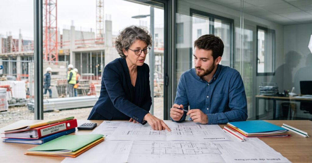 Chantier de construction avec artisans au travail, illustrant l'assurance décennale bâtiment