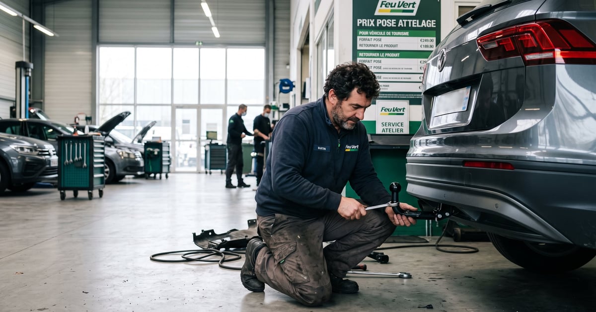 Prix pose attelage Feu Vert : technicien installant un attelage de remorque sur un véhicule