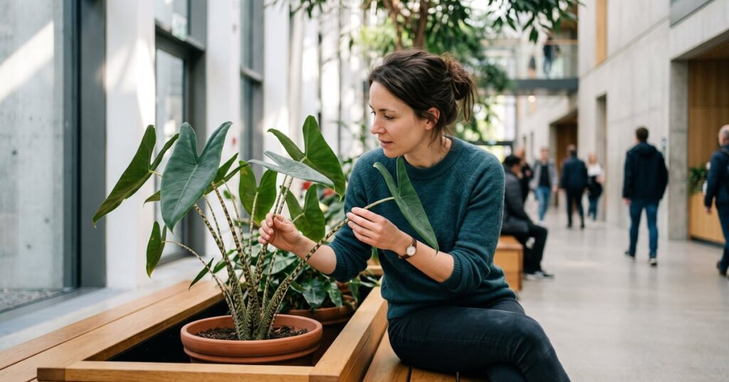 Feuilles vertes d'une plante inconnue posée sur une table, illustration de la question quelle est cette plante
