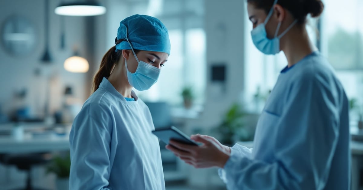 Professionnel de santé consultant des documents de bonnes pratiques cliniques dans un environnement médical moderne