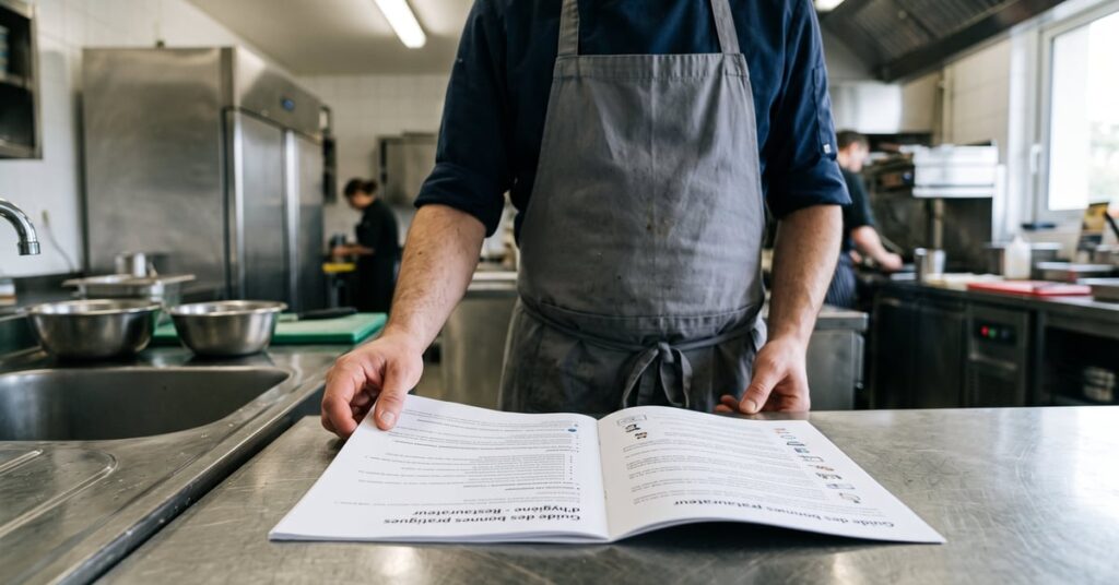 Guide des bonnes pratiques d'hygiène pour restaurateur ouvert sur un plan de travail de cuisine professionnelle