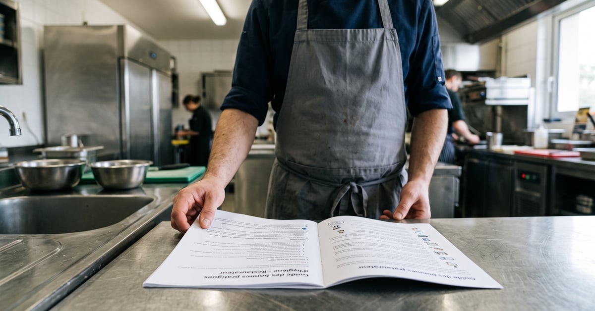 Guide des bonnes pratiques d'hygiène pour restaurateur ouvert sur un plan de travail de cuisine professionnelle